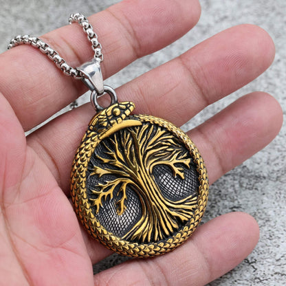 Men's Steel Vintage Ouroboros Tree of Life Round Pendant Necklace