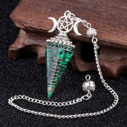 Three-phase moon seven-colored crushed stone resin crystal hexagonal pyramid spirit pendulum