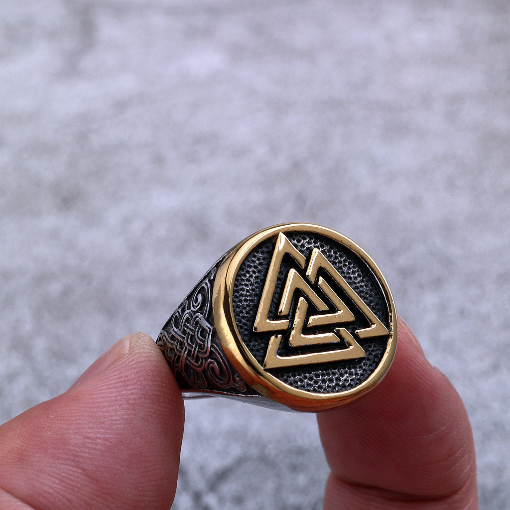 Vintage Stainless Steel Round Viking Triangle Symbol Engraved Ring for Men