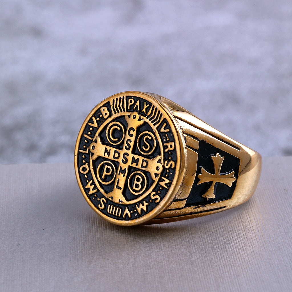 Vintage Gold Plated Stainless Steel Saint Benedict Exorcism Cross Round Signet Ring for Men
