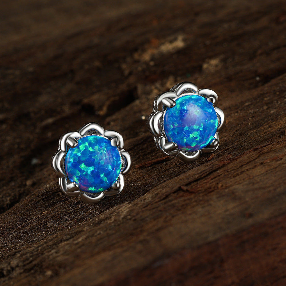 Women's 4‑Prong Flower Bezel Round White & Blue Opal Stud Earrings, S925,with White Gold Plating / with Rose Gold Plating