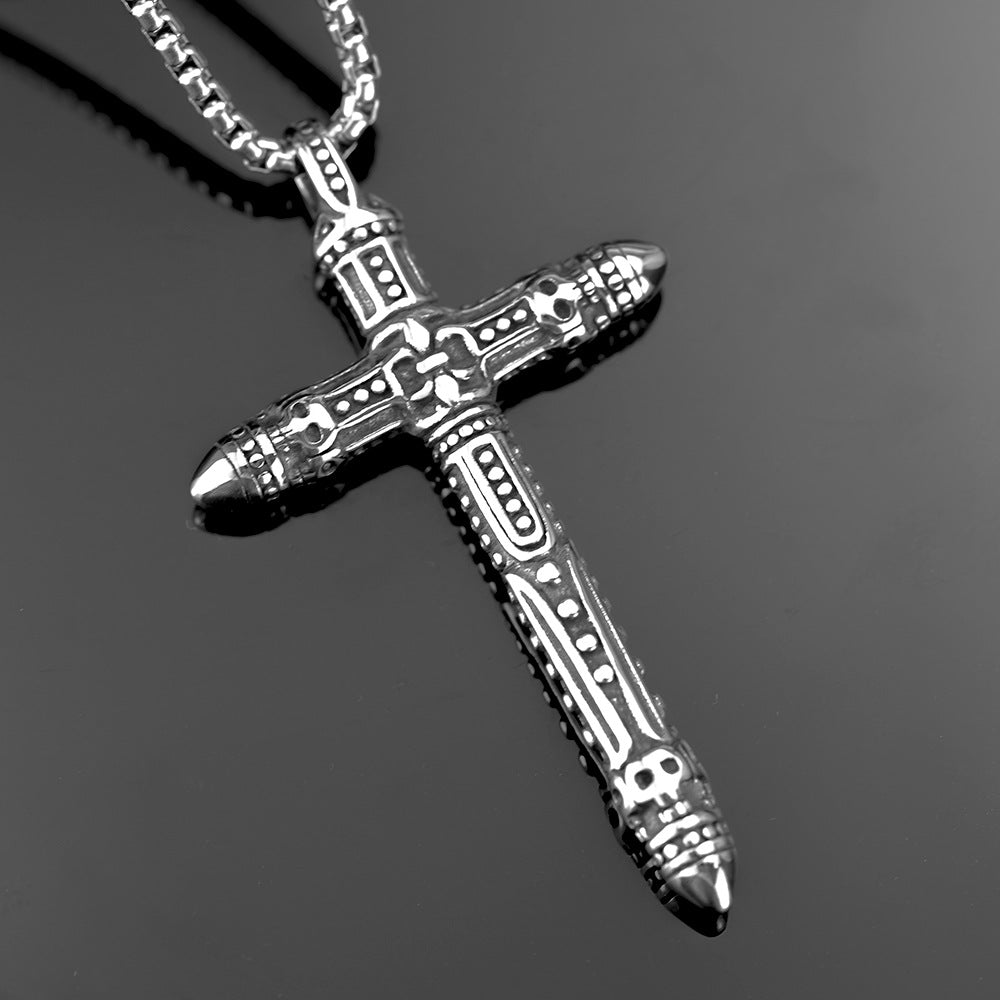 Vintage Stainless Steel Gothic Punk Engraved Pattern Cross Pendant Necklace for Men