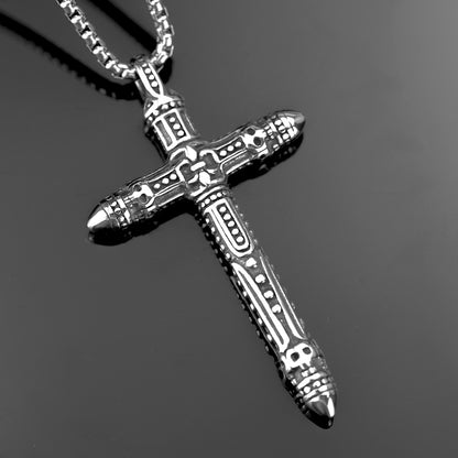 Vintage Stainless Steel Gothic Punk Engraved Pattern Cross Pendant Necklace for Men