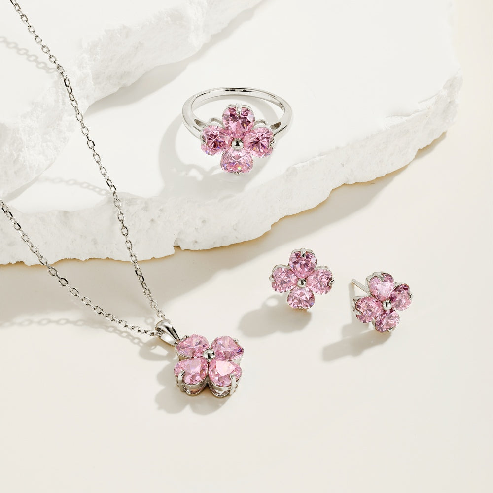 Women's Flower Pendant Necklace, Heart Shape Pink Sapphire Inlay, S925 with White Gold Platin