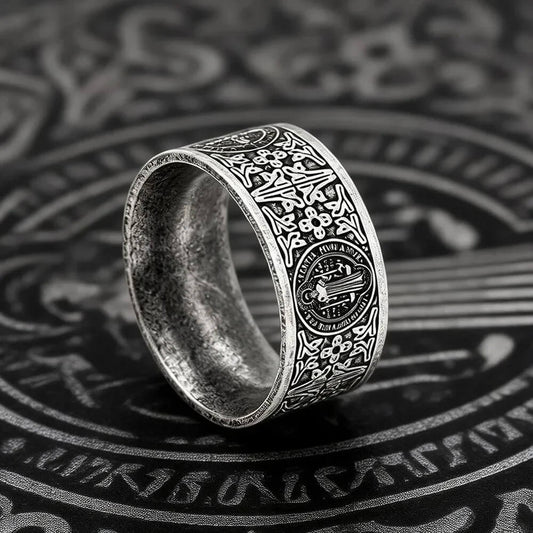 Vintage Stainless Steel Saint Benedict Pattern Exorcist Cross Ring for Men