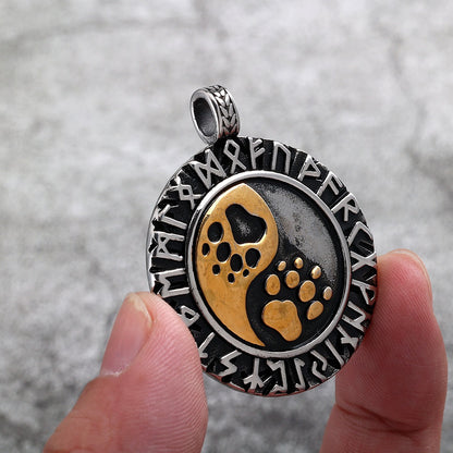 Vintage Stainless Steel Double Sided Viking Rune Bear Paw Print Pendant Necklace for Men