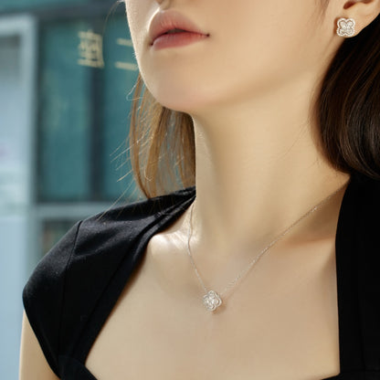 Women's Lucky Clover Pendant Necklace, D‑Shape Square & Round Zirconia Sparkling Charm, S925 with White Gold Plating