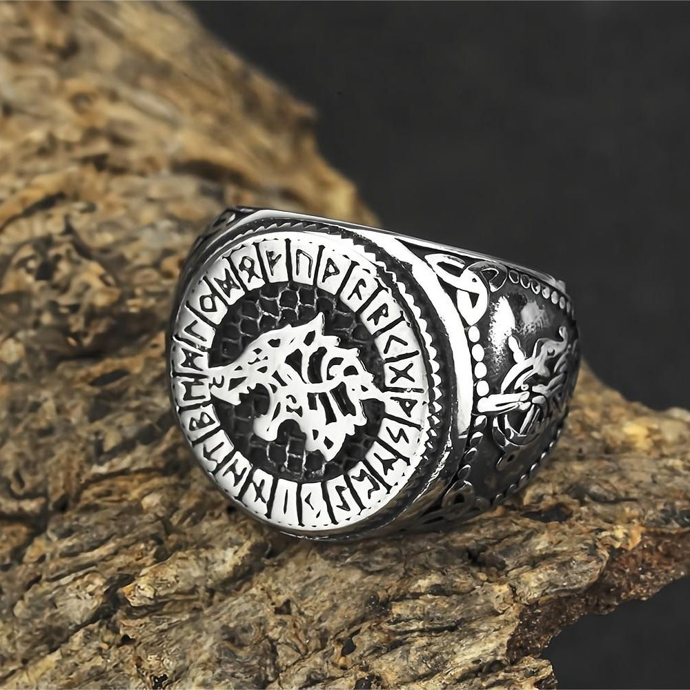 Vintage Solid Stainless Steel Round Signet Viking Wolf Head Rune Hip Hop Ring for Men