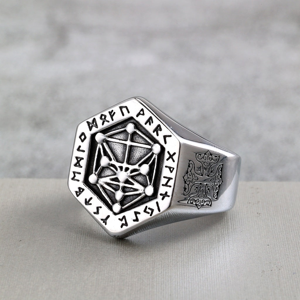 Vintage Nordic Solid Stainless Steel Viking Rune Vegvisir Compass Ring for Men