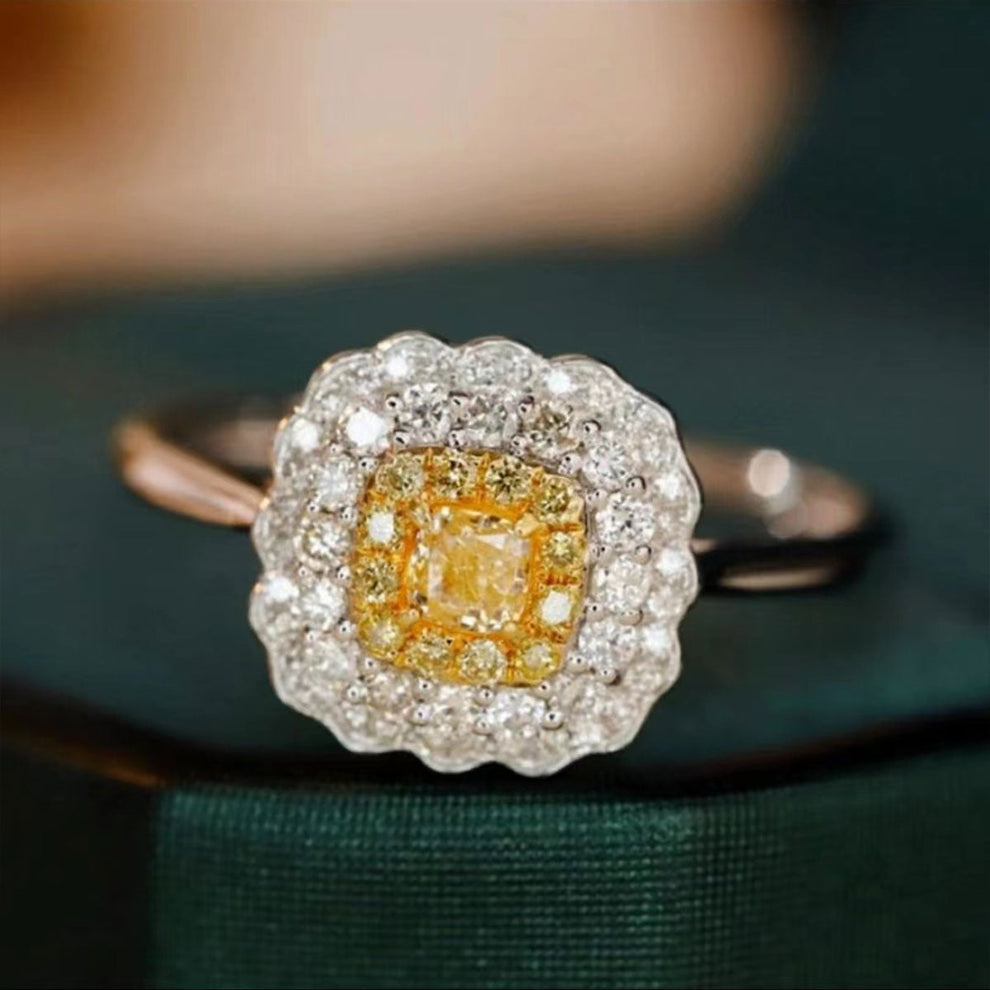 Women's White Gold Cushion Shape Layered Stones Yellow Gem Halo Adjustable Ring