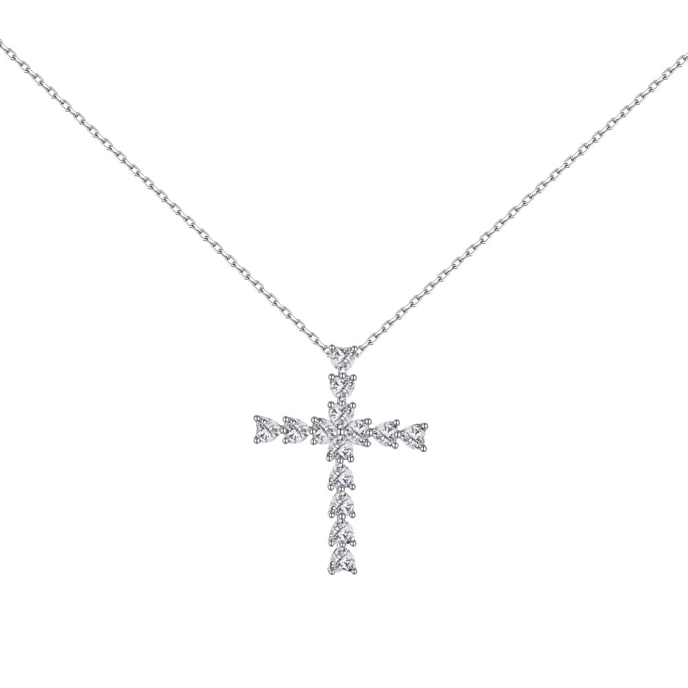 Women's Minimalist Cross Pendant Necklace, Heart Shape Zirconia Inlay, S925 with White Gold Plating