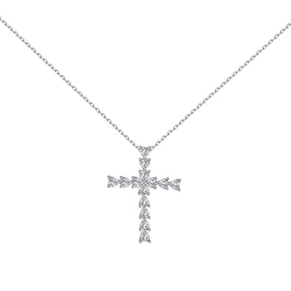 Women's Minimalist Cross Pendant Necklace, Heart Shape Zirconia Inlay, S925 with White Gold Plating