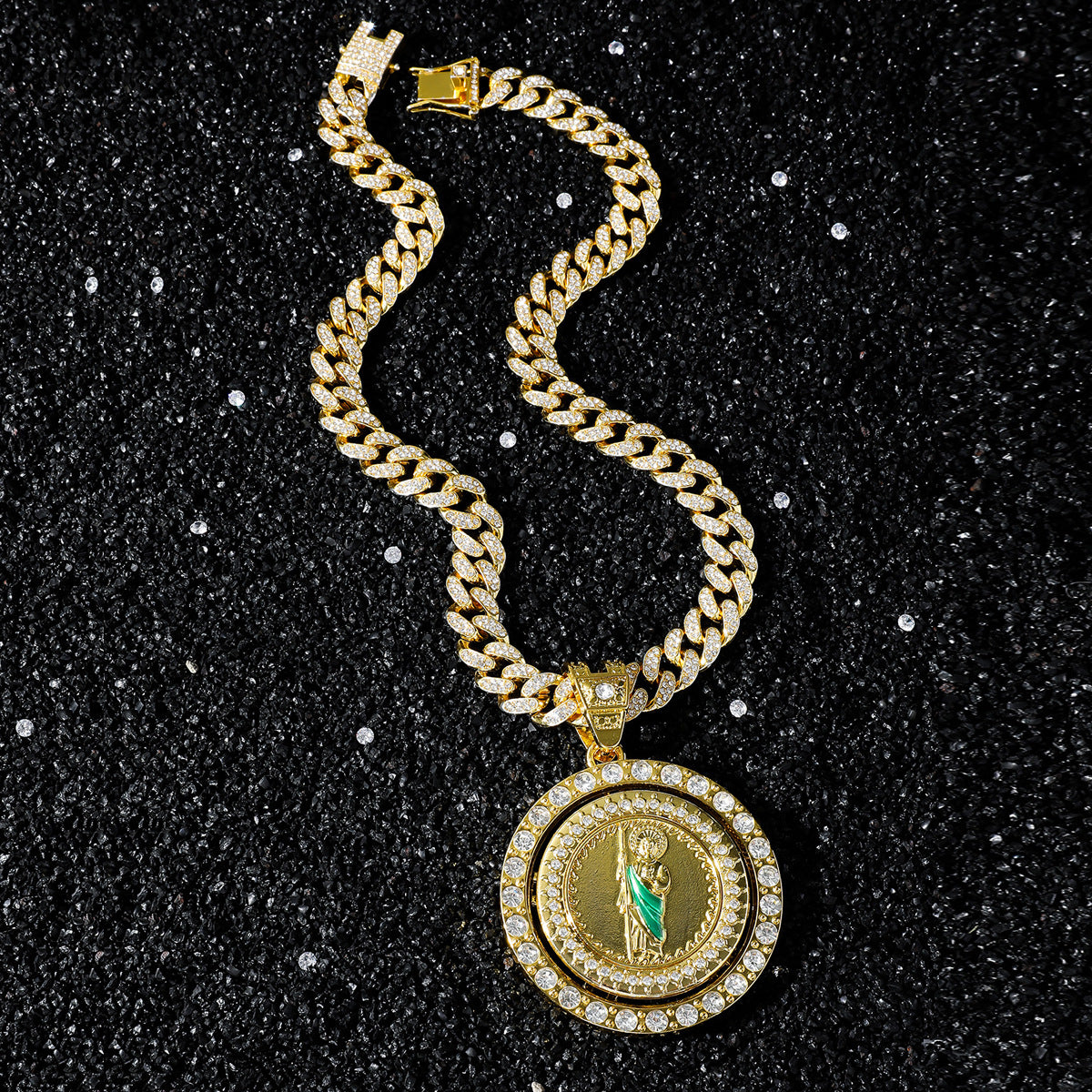 Hip Hop Religion Rotating St. Jude Statue Cuban Chain Pendant Necklace