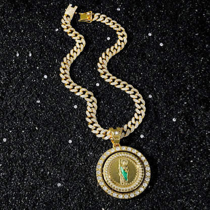 Hip Hop Religion Rotating St. Jude Statue Cuban Chain Pendant Necklace
