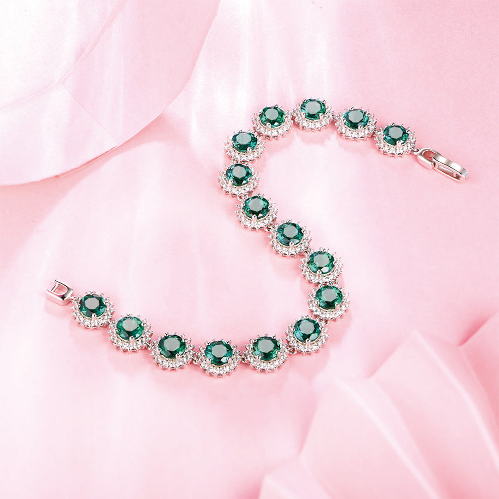 Women's Sterling Silver Round Cut Emerald Gem Retro Tennis Bracelet with Worldwide Setting Stones