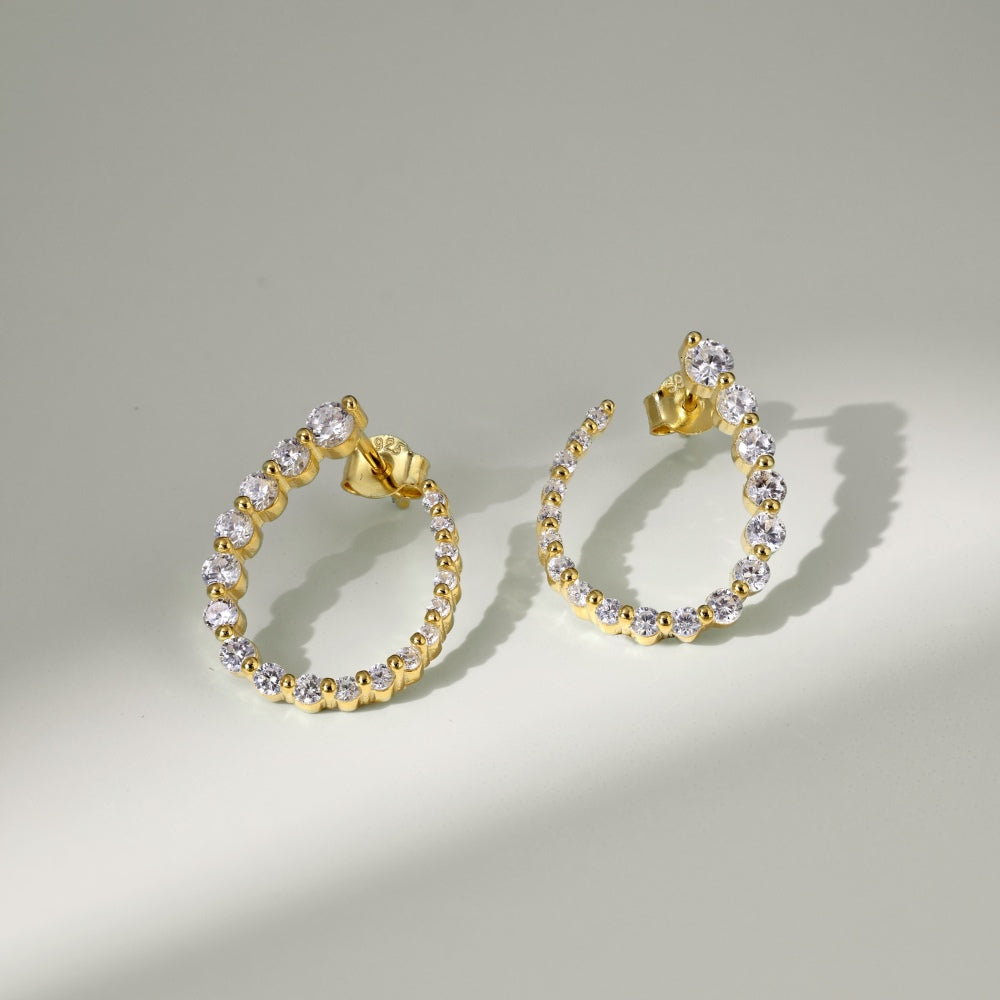 Women's U‑Shape Hoop Earrings, Paved Arranged Round Zirconia, S925 with 18K Gold Plating