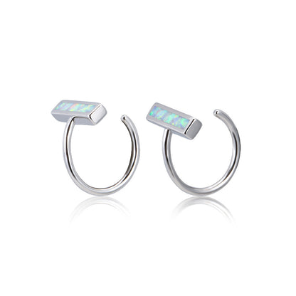 Women's Minimalist Bar‑Shape Opal Cuff Earrings, White Gold Plating