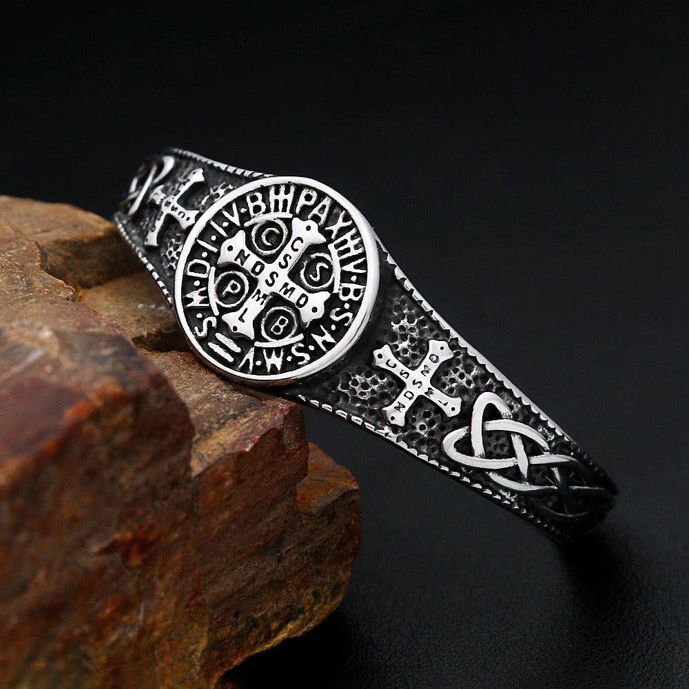 Men's Vintage Stainless Steel Open C Cuff Bracelet, Viking Celtic Knot Cross Exorcist Pattern Retro Adjustable Bangle