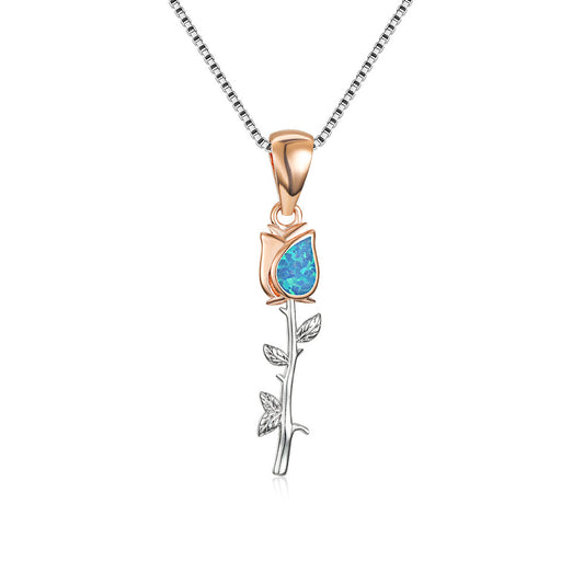Two-tone White Gold and Rose Gold Blue and White Australian Rose Flower Women's Versatile Necklace