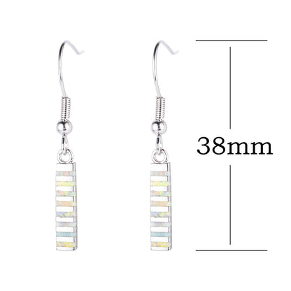 Women's Vertical Bar Inlaid Opal Dangle Hook Earrings, with White Gold Plating