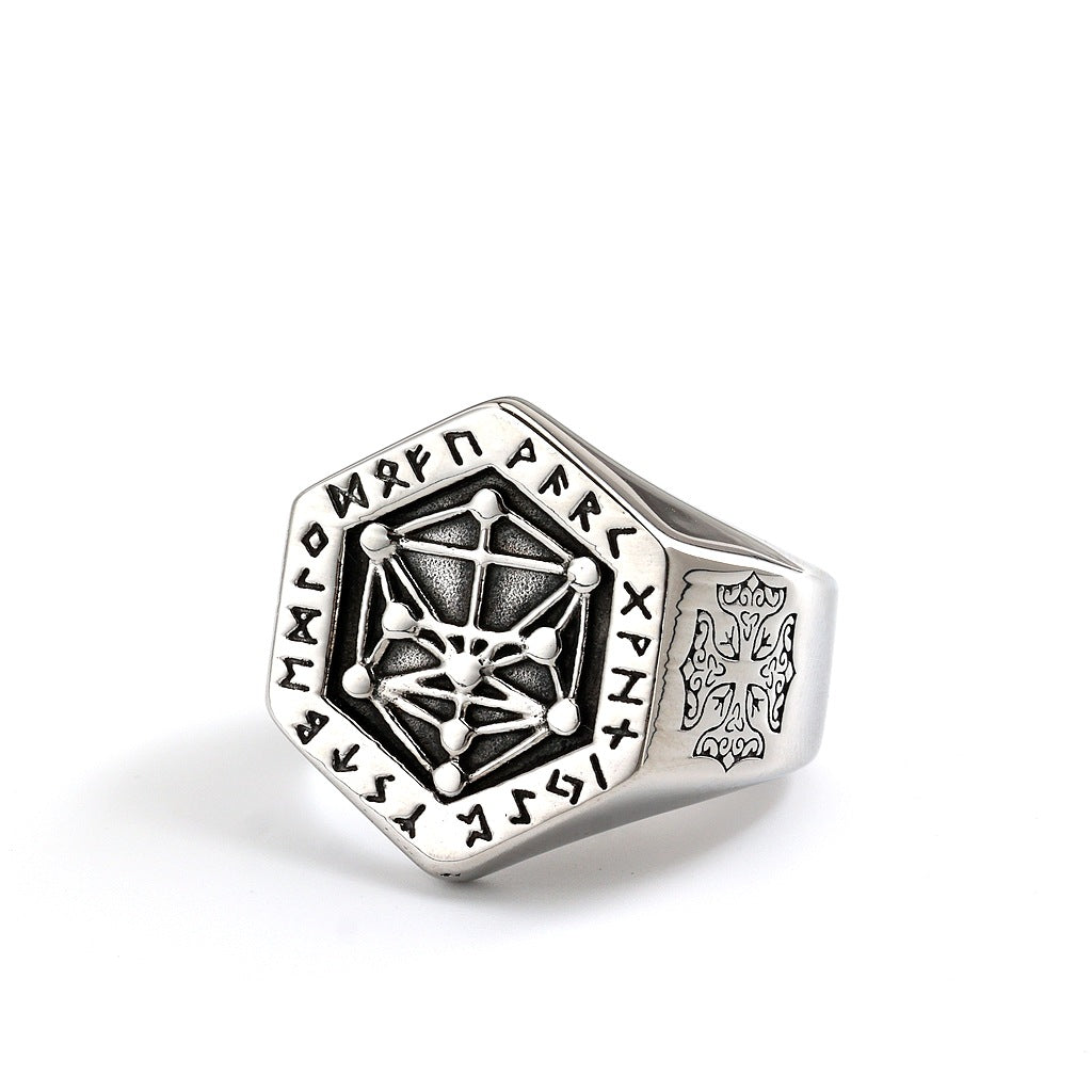 Vintage Nordic Solid Stainless Steel Viking Rune Vegvisir Compass Ring for Men