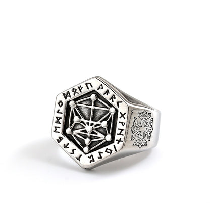 Vintage Nordic Solid Stainless Steel Viking Rune Vegvisir Compass Ring for Men