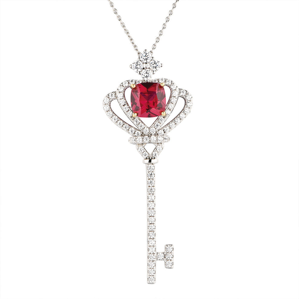 Women's Sterling Silver Ruby Sapphire Key Shape Full Diamond Crown Pendant