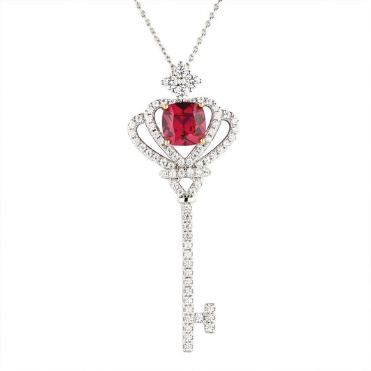 Women's Sterling Silver Ruby Sapphire Key Shape Full Diamond Crown Pendant