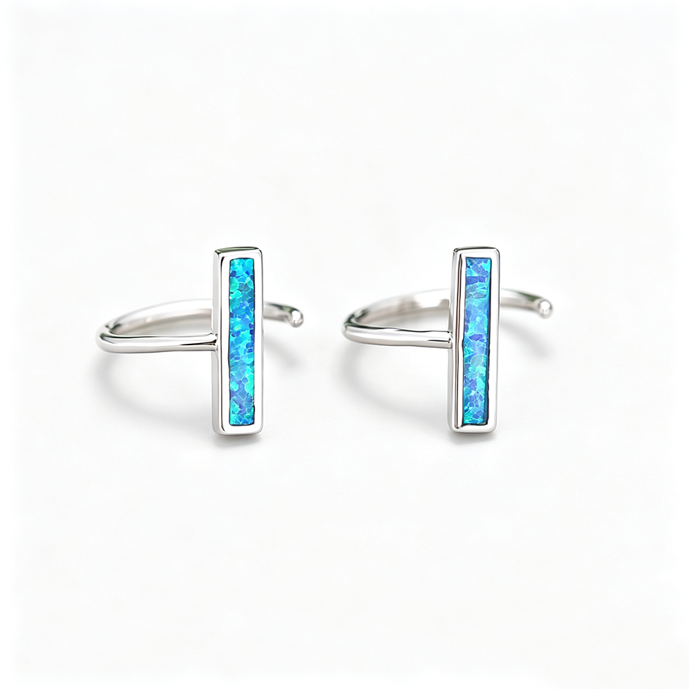 Women's Minimalist Bar‑Shape Opal Cuff Earrings, White Gold Plating