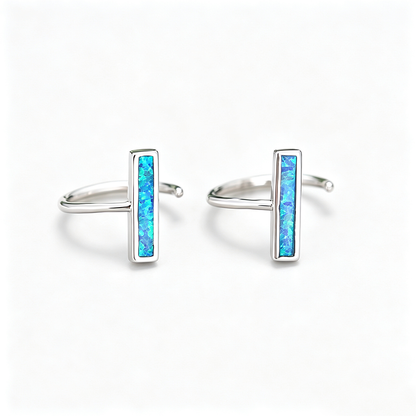 Women's Minimalist Bar‑Shape Opal Cuff Earrings, White Gold Plating