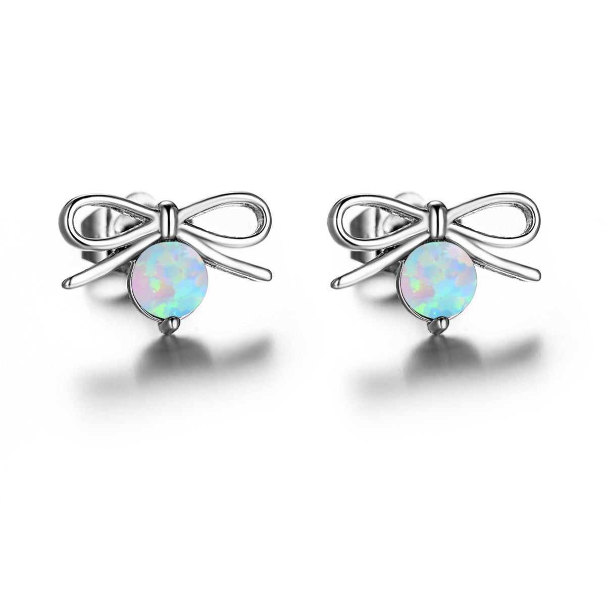 Women's Bow‑Shape Round Opal Stud Earrings, with Rose Gold Plating / White Gold Plating