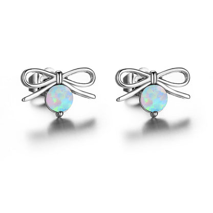 Women's Bow‑Shape Round Opal Stud Earrings, with Rose Gold Plating / White Gold Plating