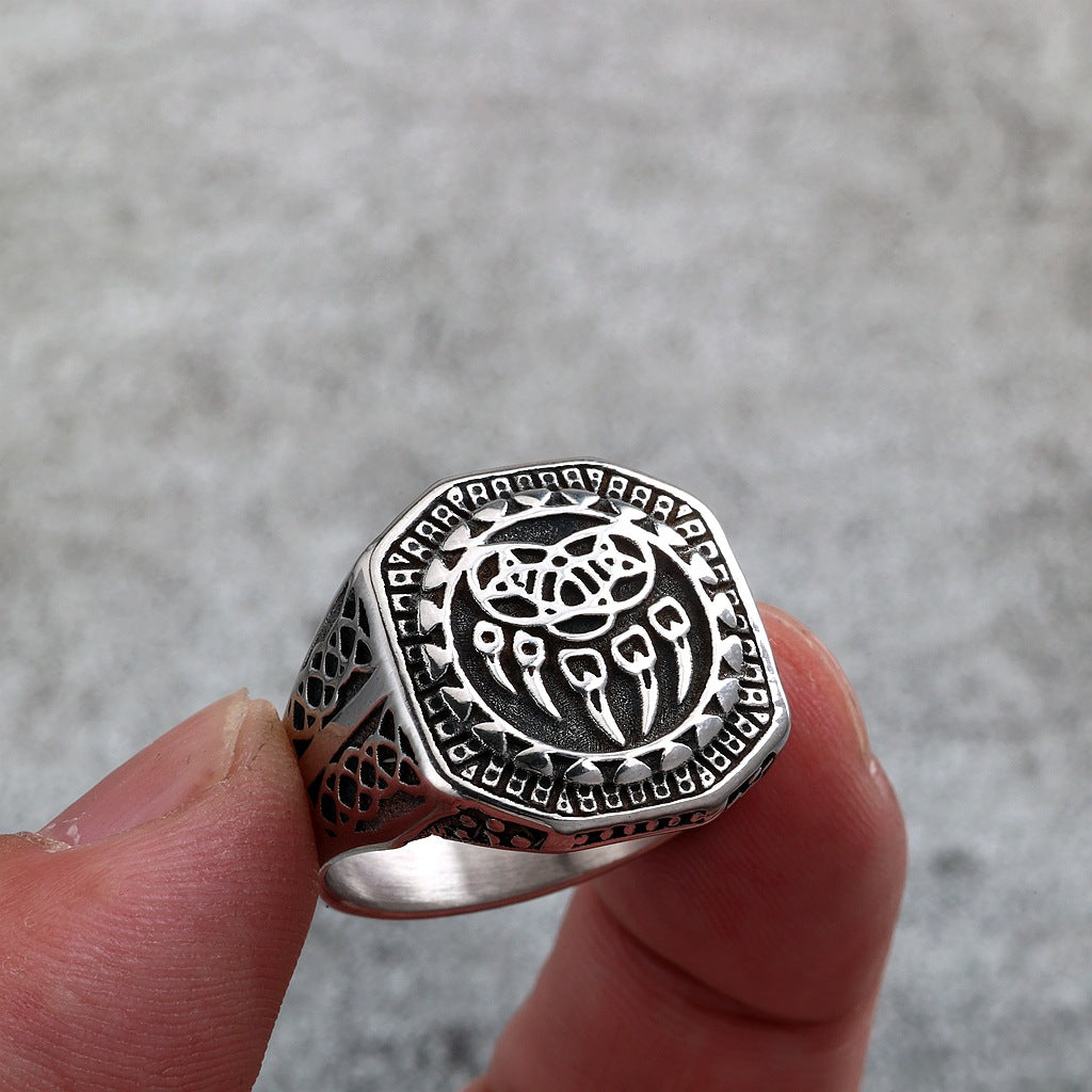 Vintage Solid Stainless Steel Engraved Viking Hollow Bear Claw Octagon Signet Ring for Men