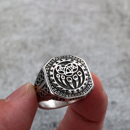 Vintage Solid Stainless Steel Engraved Viking Hollow Bear Claw Octagon Signet Ring for Men