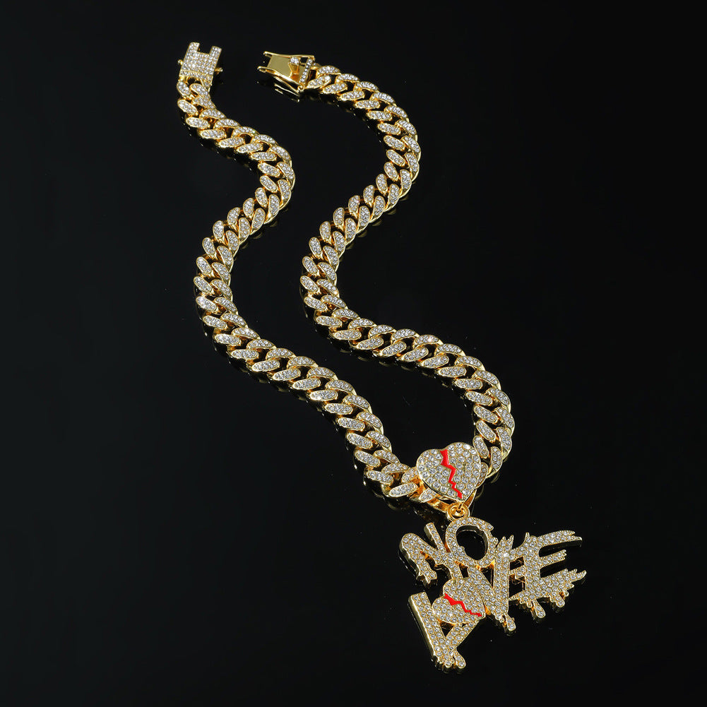 Hip-Hop Stitching Letter Heart Cuban Chain Pendant Necklace