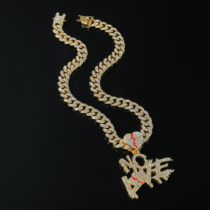 Hip-Hop Stitching Letter Heart Cuban Chain Pendant Necklace