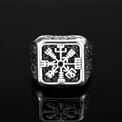 Vintage Solid Stainless Steel Viking Vegvisir Compass Tree of Life Square Signet Ring for Men