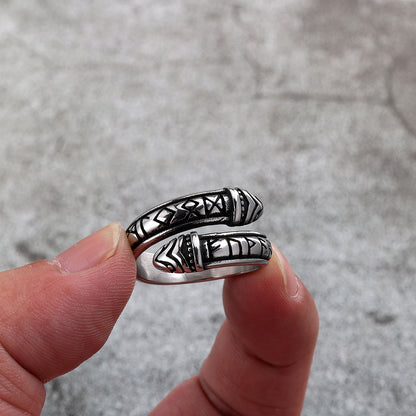 Vintage Stainless Steel Narrow Band Viking Script Symbol Snake Ring for Men