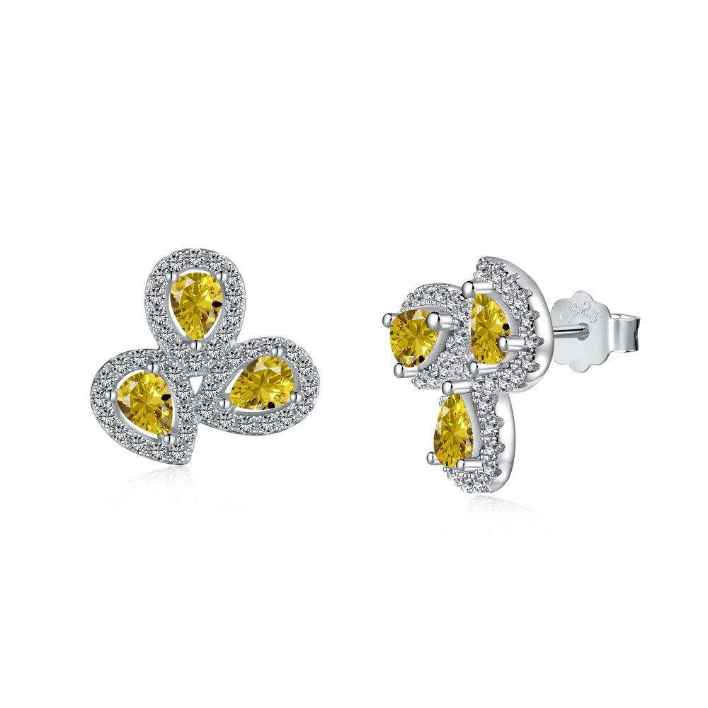 Women's Three‑Petal Flower Stud Earrings, Pear‑Shape Yellow Sapphire With Zirconia Halo, S925 with White Gold Plating