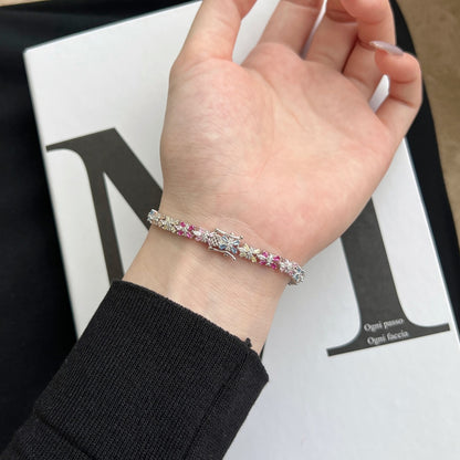 Women's Delicate Bracelet, Petal Shape Design Multicolor Baguette Zirconia Inlay, S925 with White Gold Plating