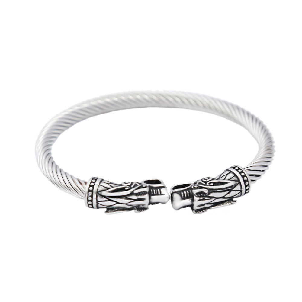 Men's Retro Double Dragon Head Twisted Open Cuff Bracelet