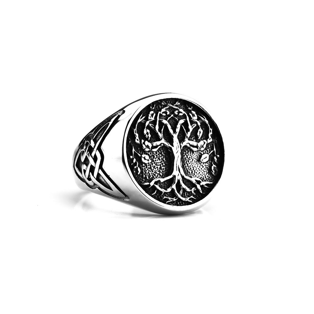 Vintage Polished Stainless Steel Viking Tree of Life Pattern Ring for Men