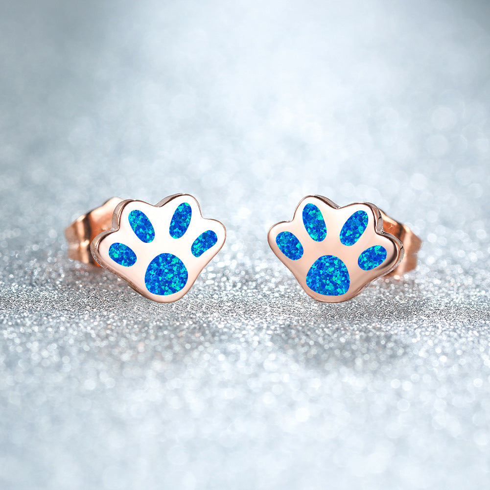 Women's Paw‑Shape Blue / White Opal Stud Earrings, with Rose Gold Plating / White Gold Plating