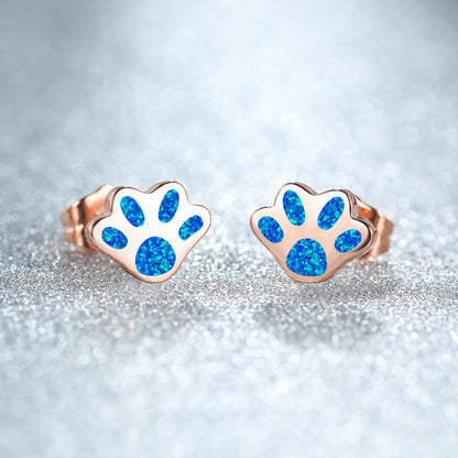 Women's Paw‑Shape Blue / White Opal Stud Earrings, with Rose Gold Plating / White Gold Plating