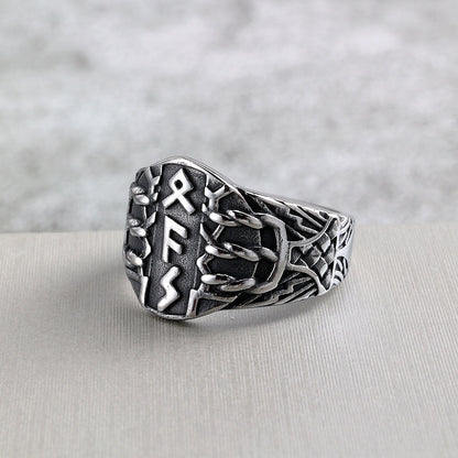 Vintage Solid Stainless Steel Viking Rune Shield Signet Ring for Men