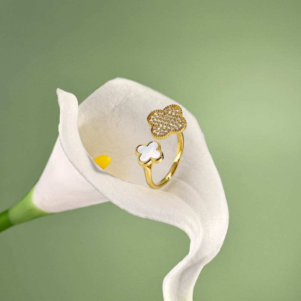 Women's Four‑Leaf Clover Ring With Round Zirconia & White shell Inlay, S925 with Gold Plating, Adjustable Ring