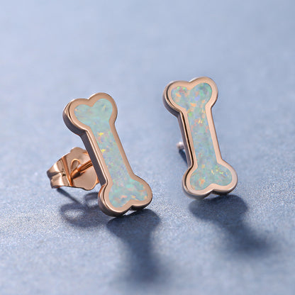 Women's Bone‑Shape Stud Earrings, Blue Opal / White Opal Inlay, Rose Gold Plating / White Gold Plating