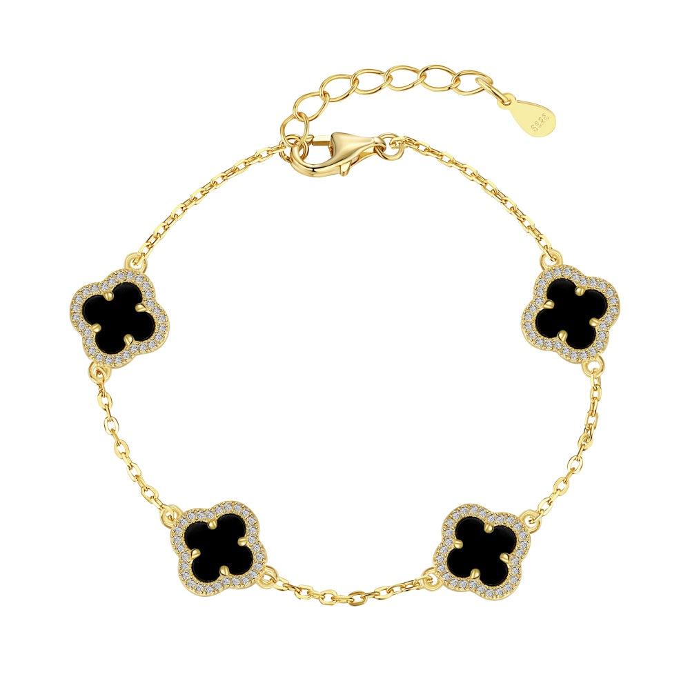 Women's Delicate Bracelet, Black Onyx & Round White Zirconia Inlay Clover Design, S925 with 18K Gold Plating