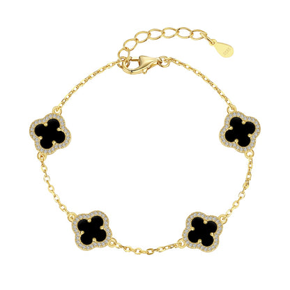 Women's Delicate Bracelet, Black Onyx & Round White Zirconia Inlay Clover Design, S925 with 18K Gold Plating