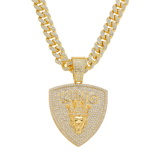 Hip-Hop Lion Head King Shield Cuban Chain Pendant Necklace